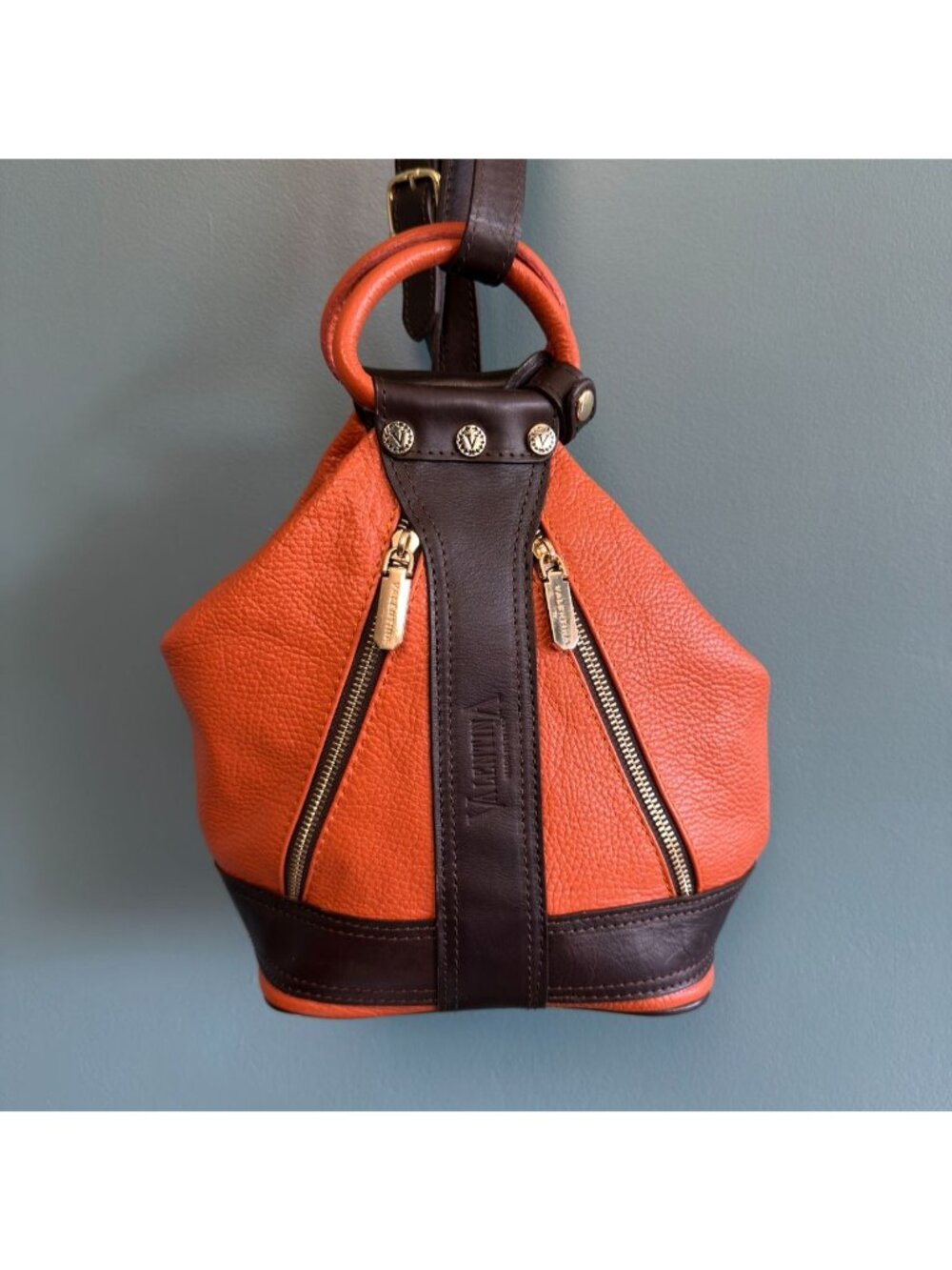 Valentina Italian Leather Shoulder Backpack Pebbled Orange Brown Many Pockets - Picture 4 of 16